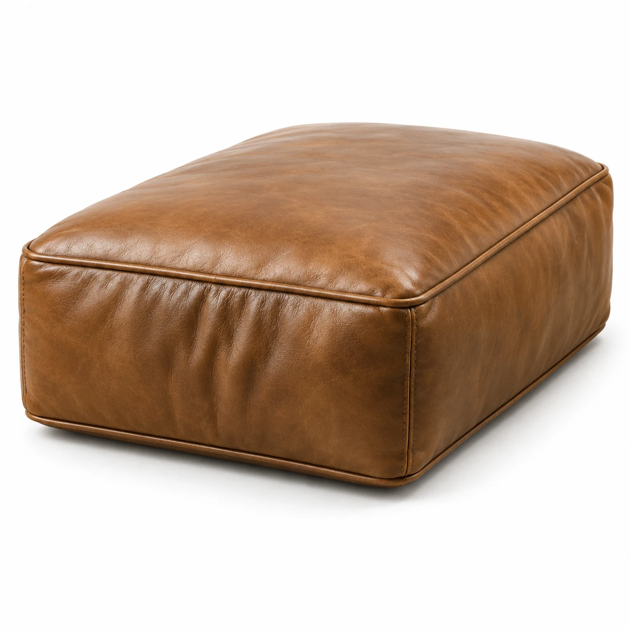 Boxed tan leather seat cushion with welted edges