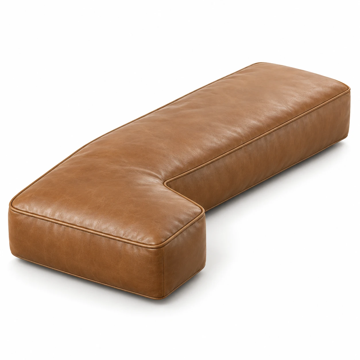 L-shaped tan leather cushion cut for a sectional corner