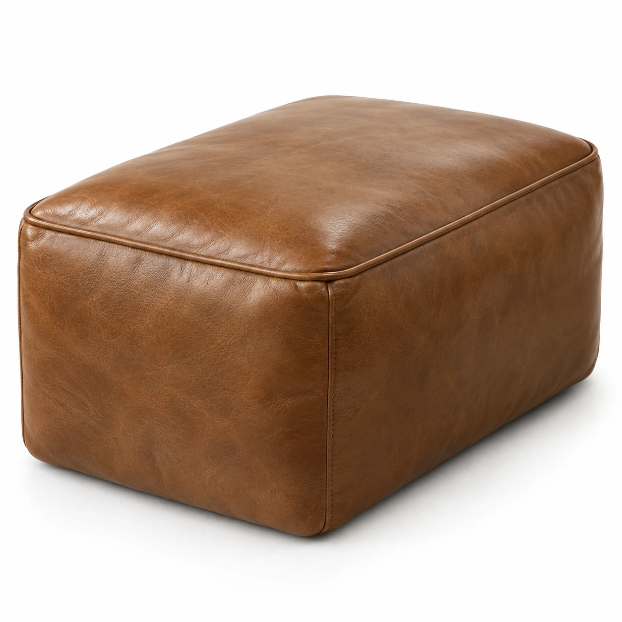Deep boxed tan leather ottoman cushion