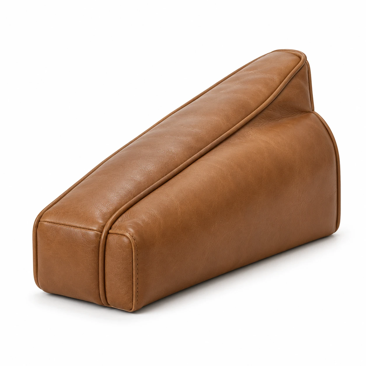 Wedge-profile tan leather cushion, thicker at the back than the front