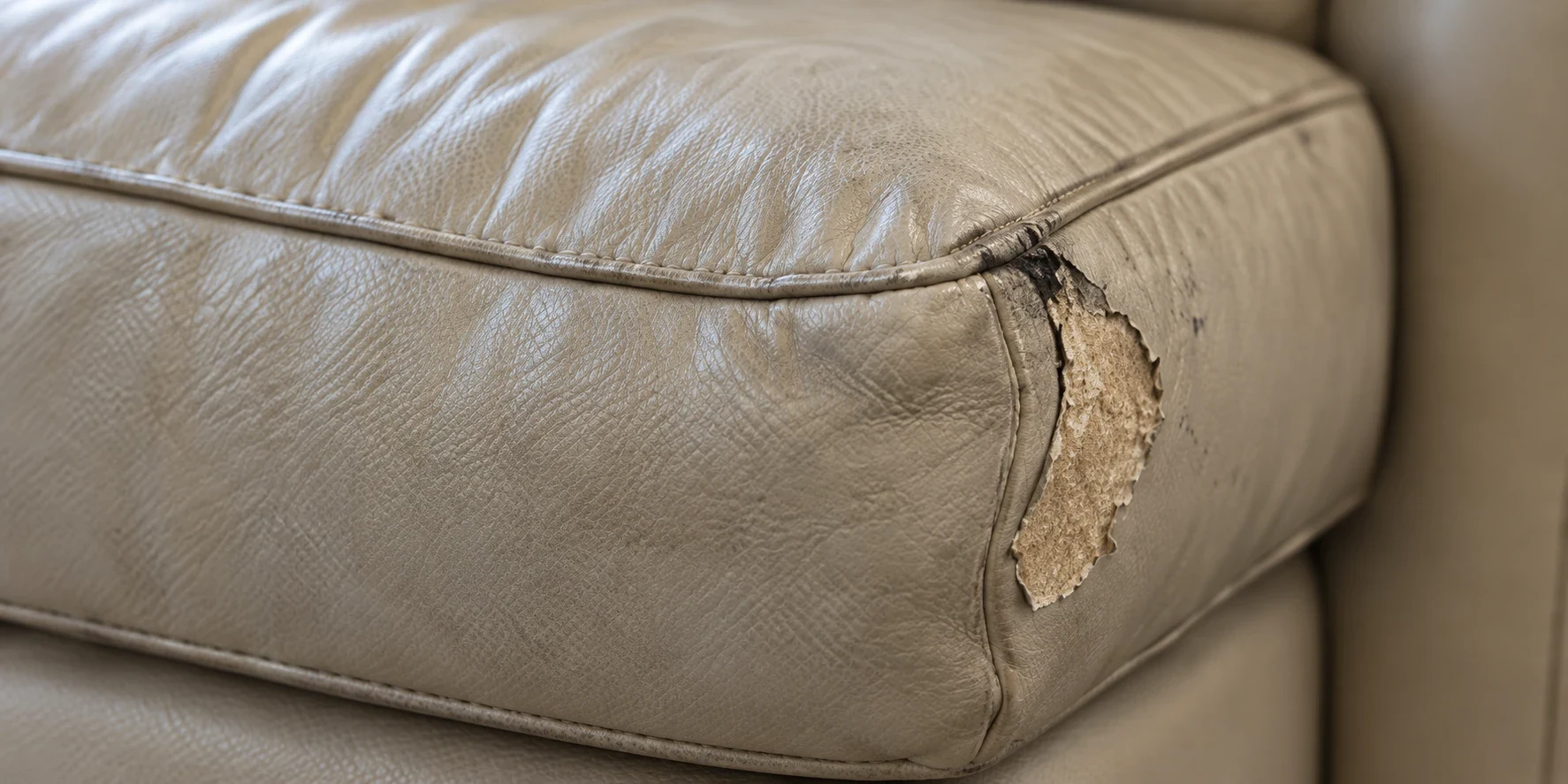 A cream leather cushion side panel opened into a hole beside the piped seam
