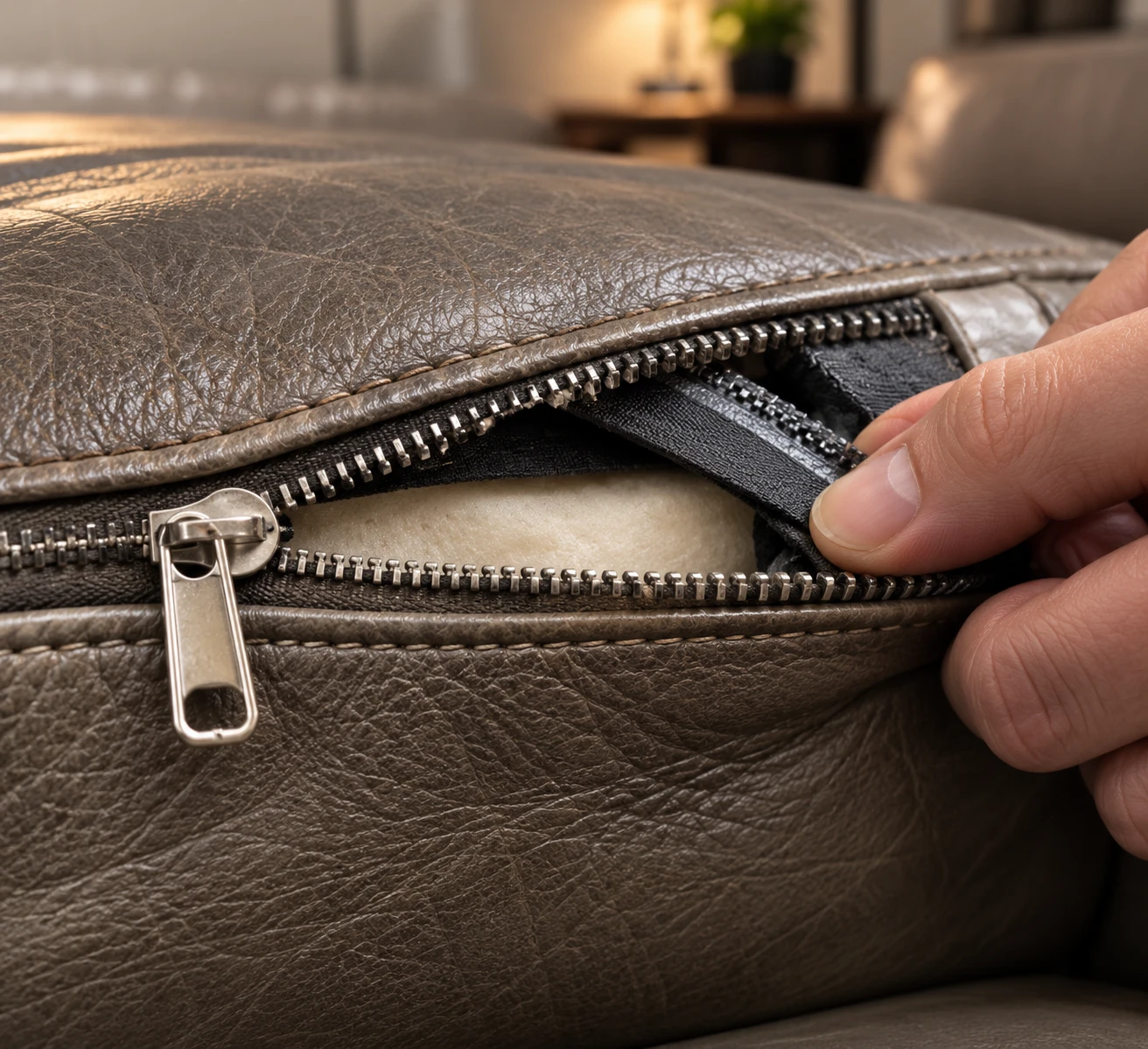 Open zipper along the welt of a grey leather cushion cover