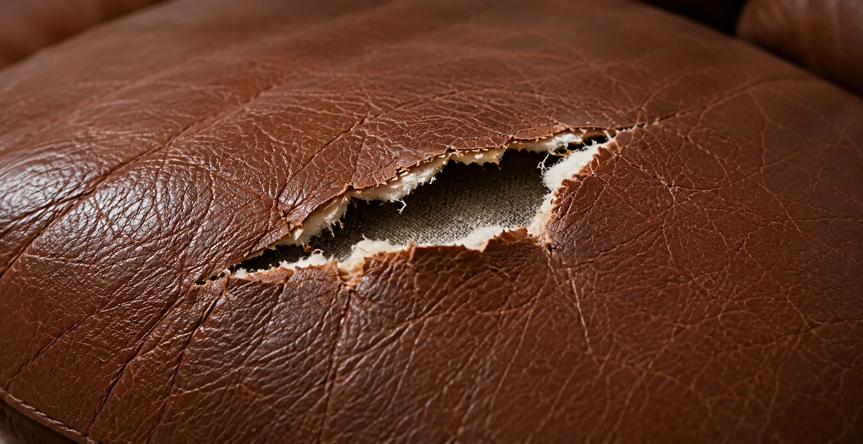 Stage three: an open rip in the cushion with the backing visible between the edges