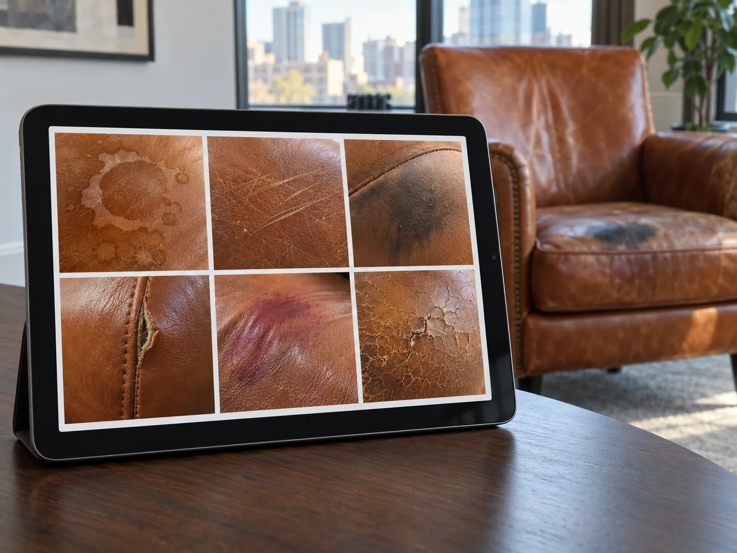 Tablet showing a leather furniture damage report with before photos beside a damaged leather chair