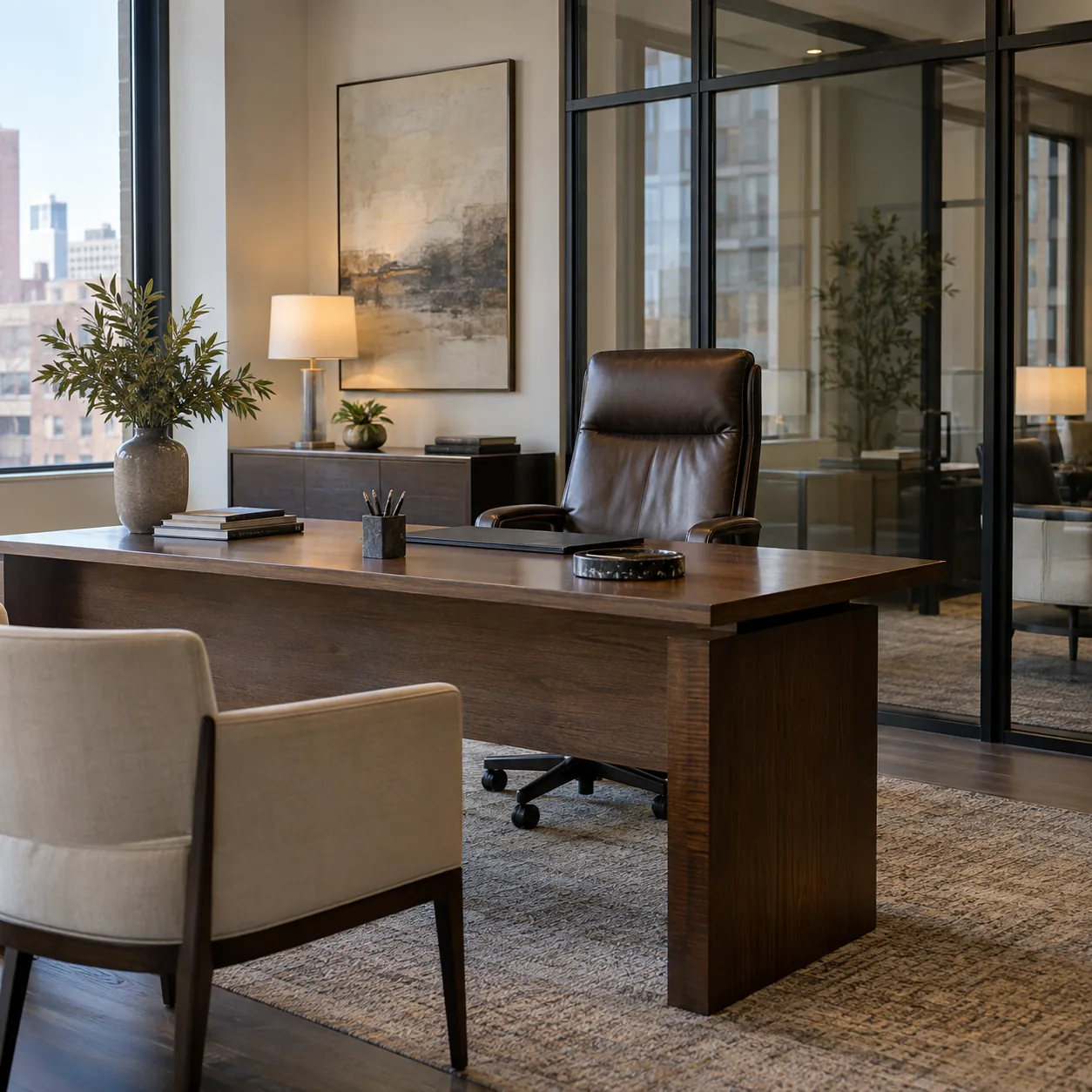 A leather desk chair in a leasing office