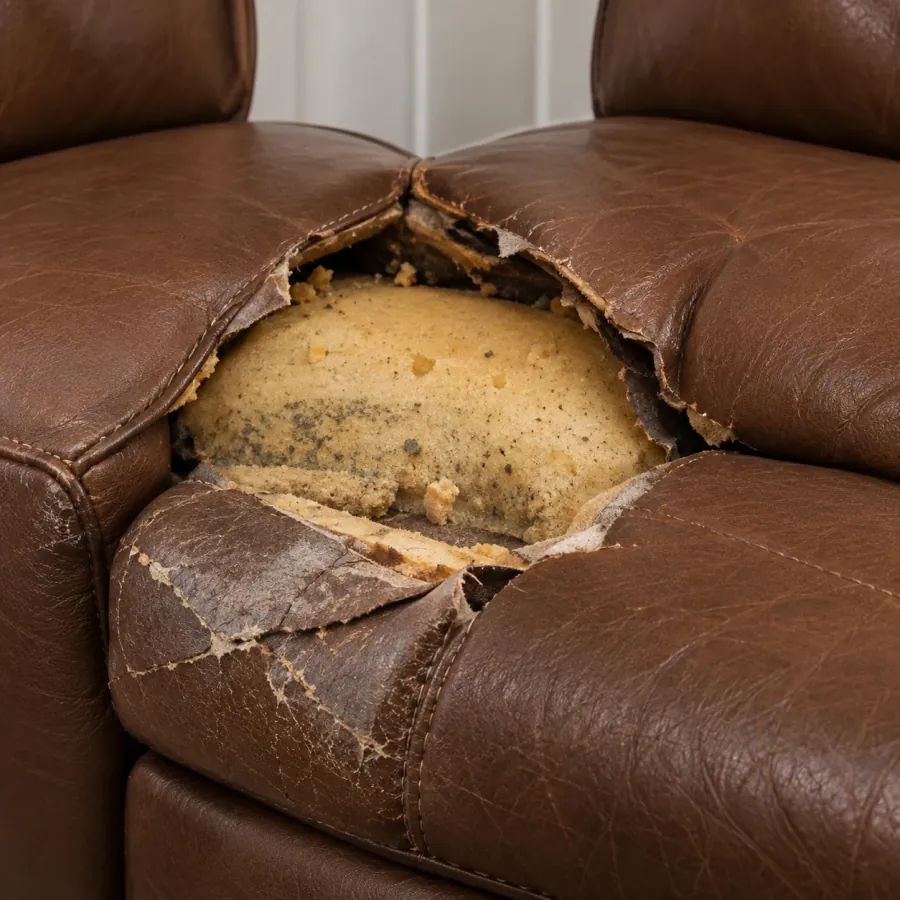 Brown leather armchair seat torn open with the crumbling foam cushion exposed