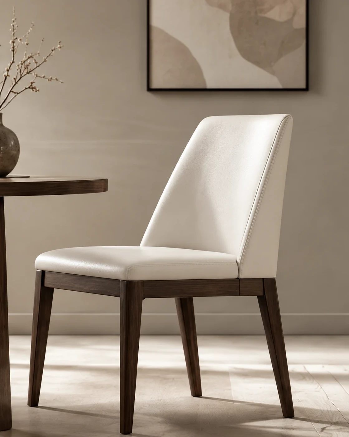 Cream leather dining chair with wood legs