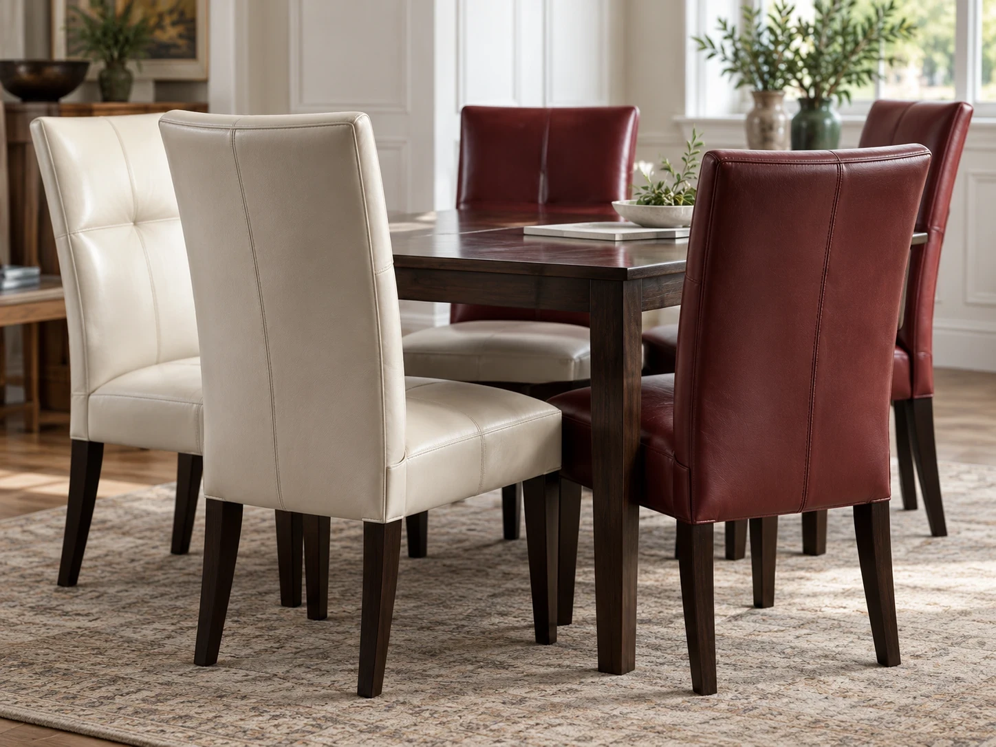 Cream and burgundy leather dining chairs around a dark wood table