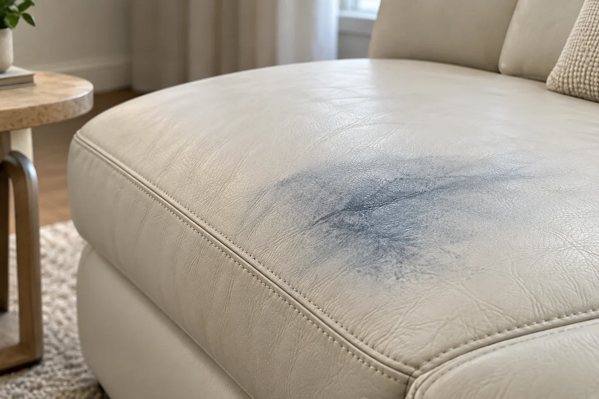 Blue dye transfer on the curved seat of a cream leather sofa before treatment