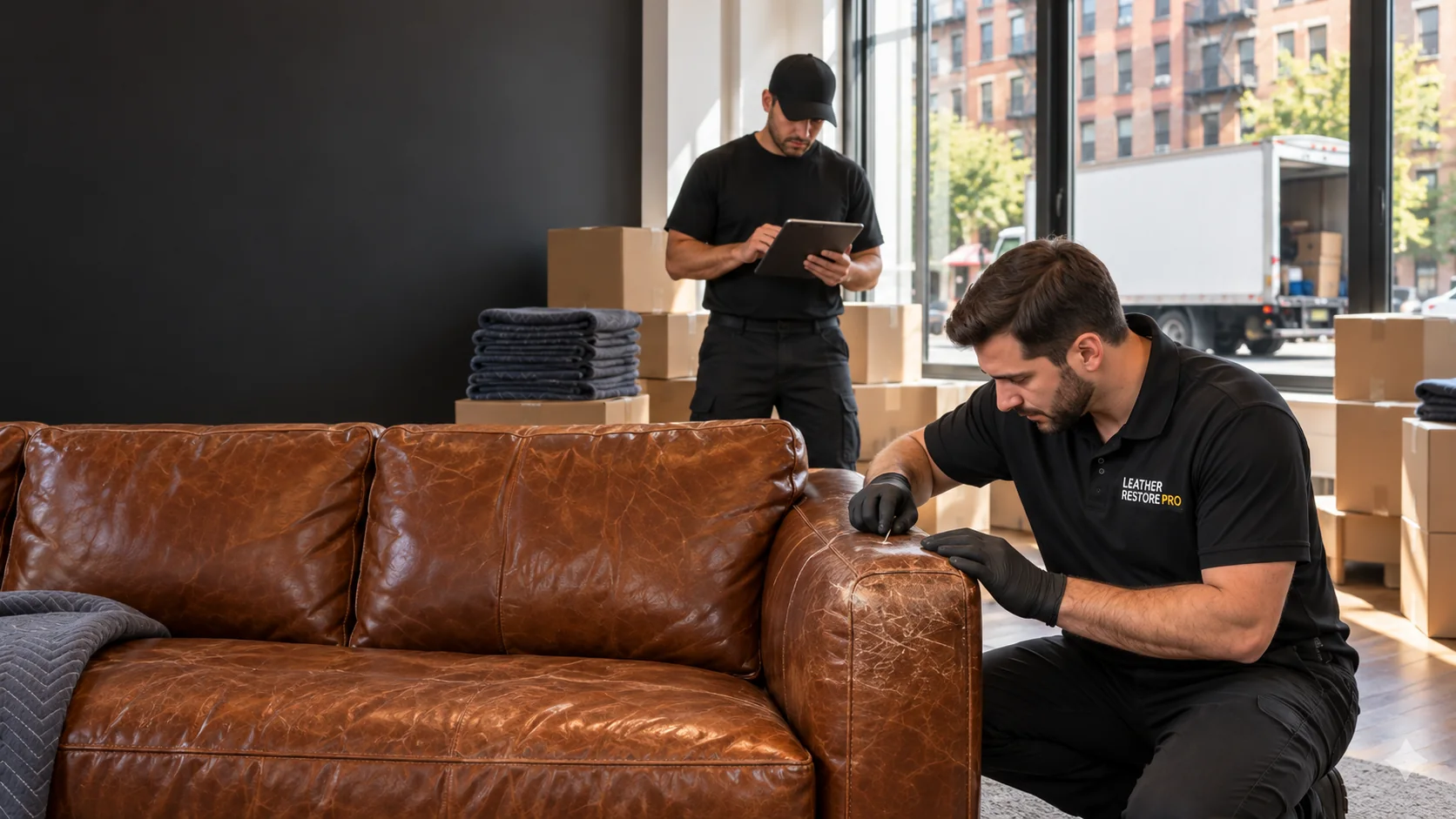 Technician repairing a leather sofa in an apartment