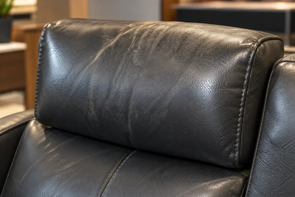 Dull worn patch on a black leather headrest