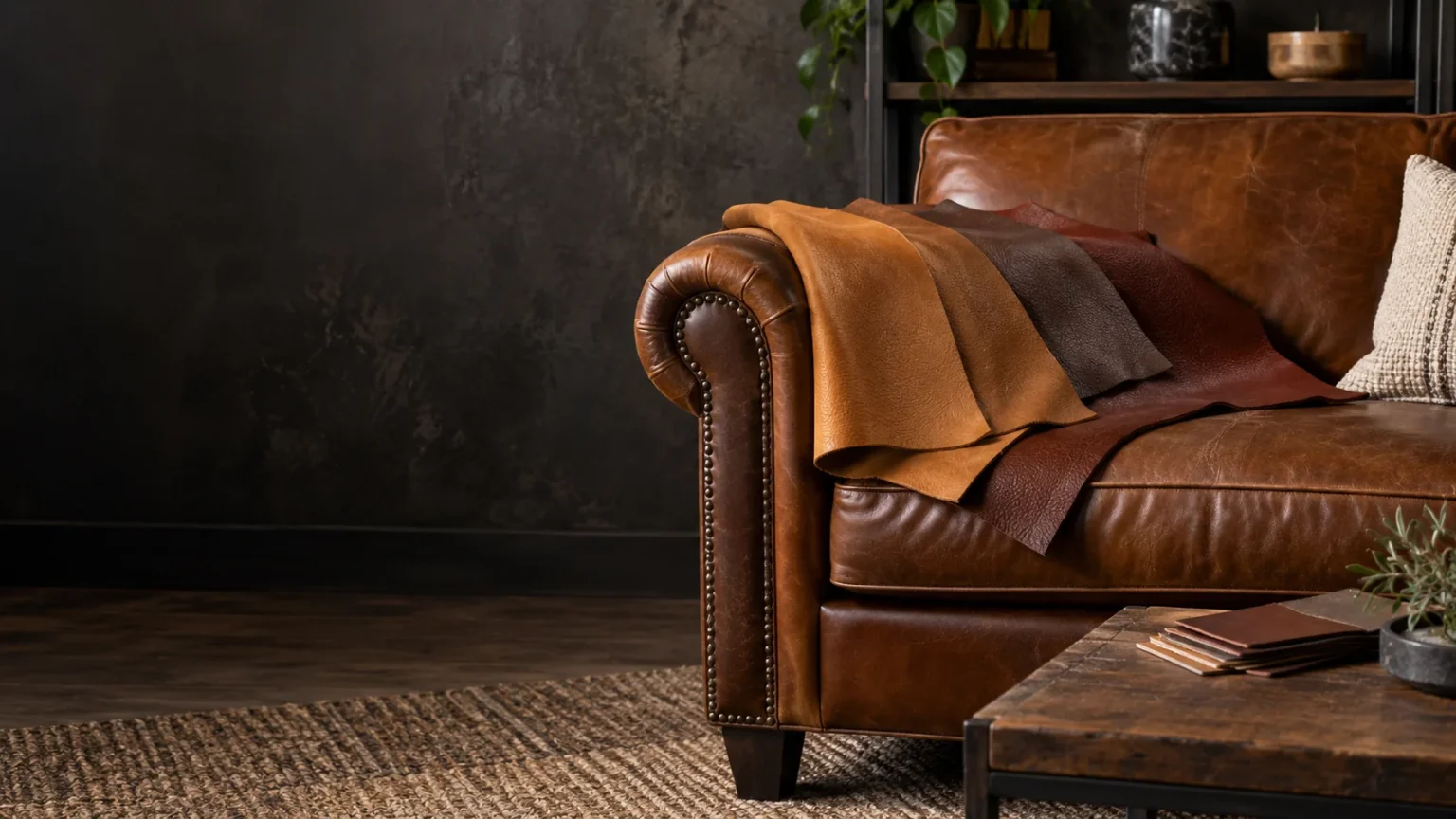 Leather hide samples laid over the arm of a sofa for matching