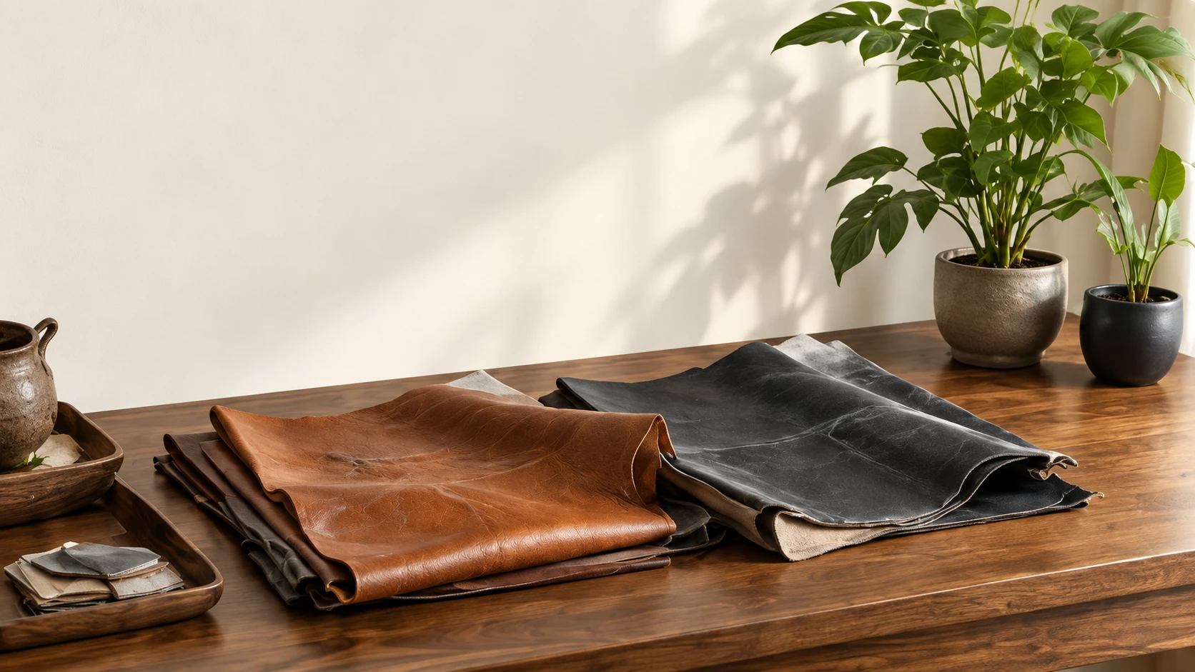 Folded brown and black upholstery hides laid out on a walnut table beside a tray of smaller samples
