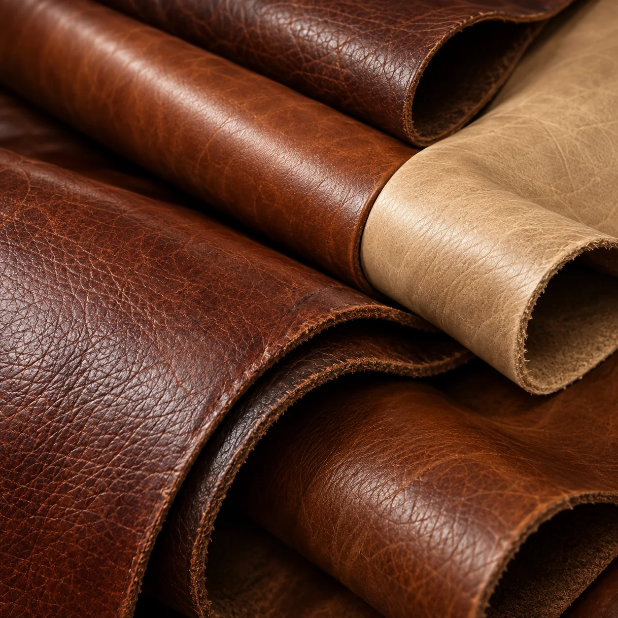 Folded leather hides in several colours stacked for a reupholstery job