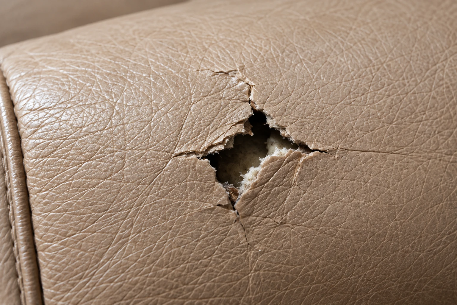 Small diamond-shaped opening in taupe leather with white foam visible behind it