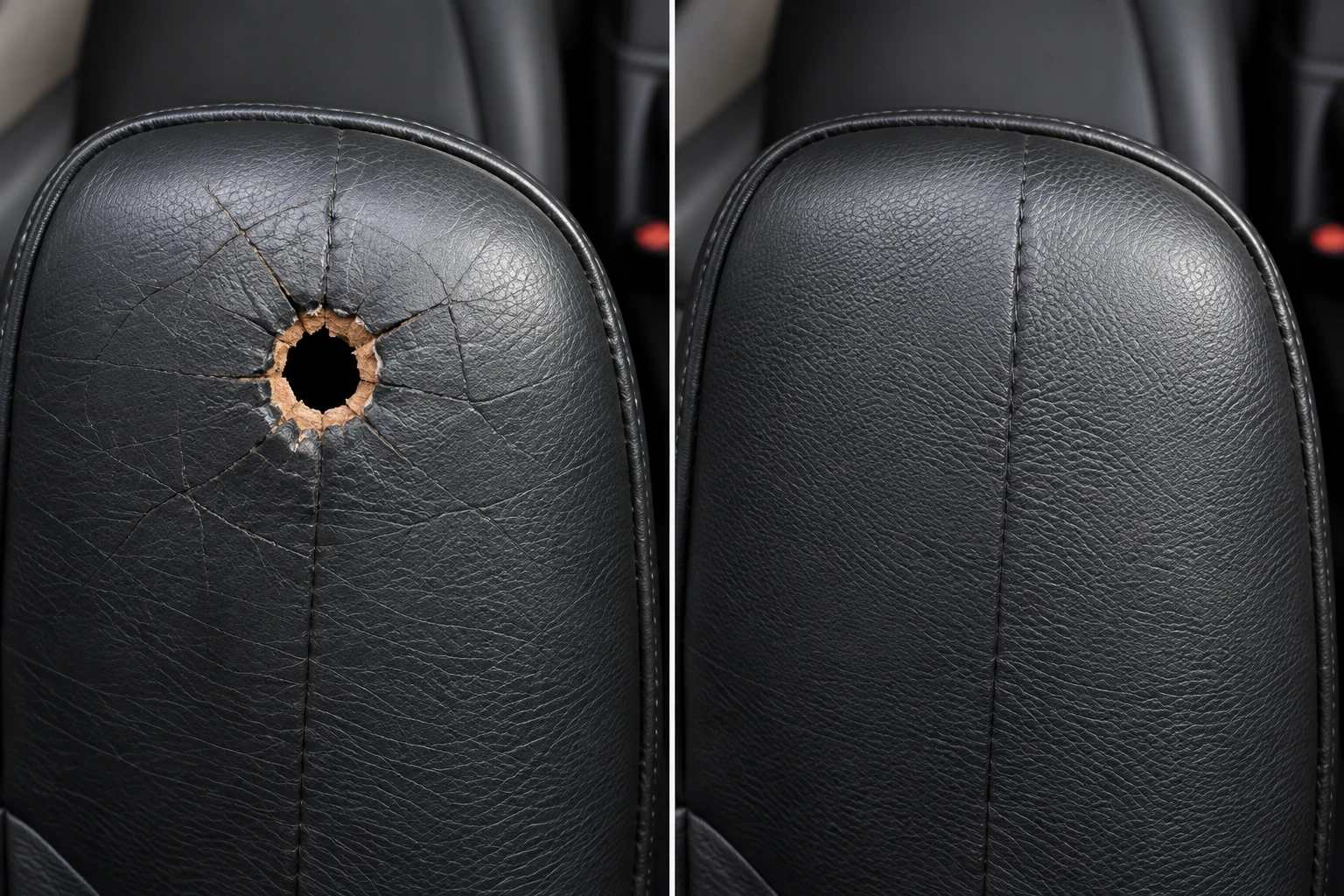 Round burn hole with radiating cracks in a black leather car headrest on the left and the headrest restored on the right