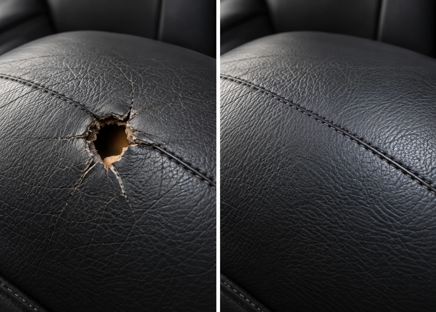 Large round hole with radiating cracks in a black leather cushion on the left and the repaired seam on the right