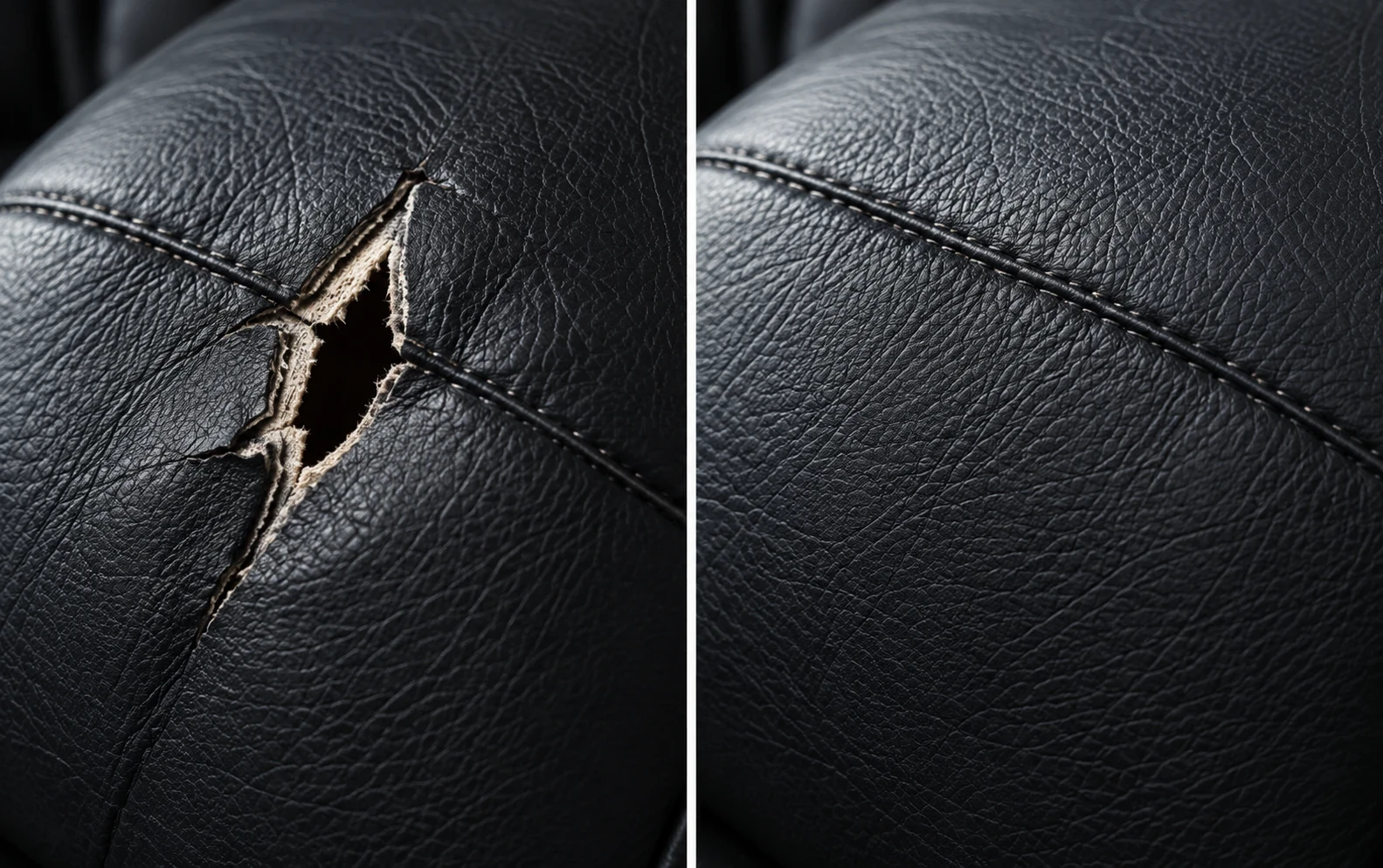Star-shaped split across a seam in black leather on the left and the same seam closed and even on the right