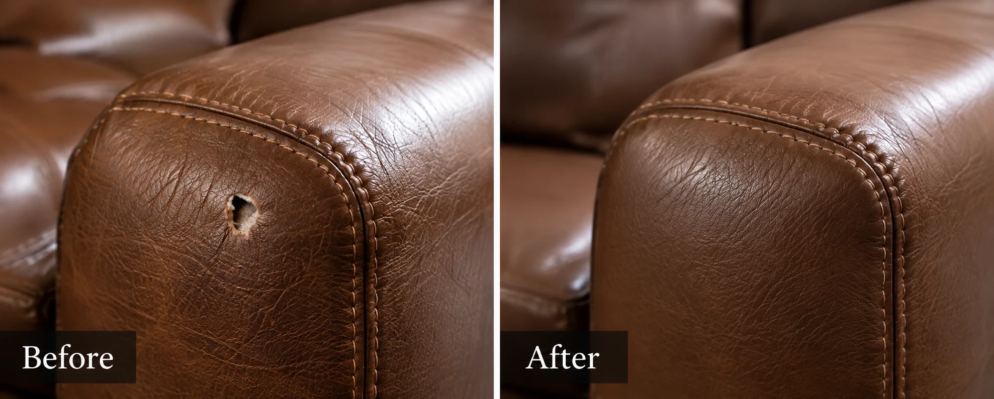 Hole beside the welt on a brown leather sofa arm labelled before on the left and the repaired arm labelled after on the right
