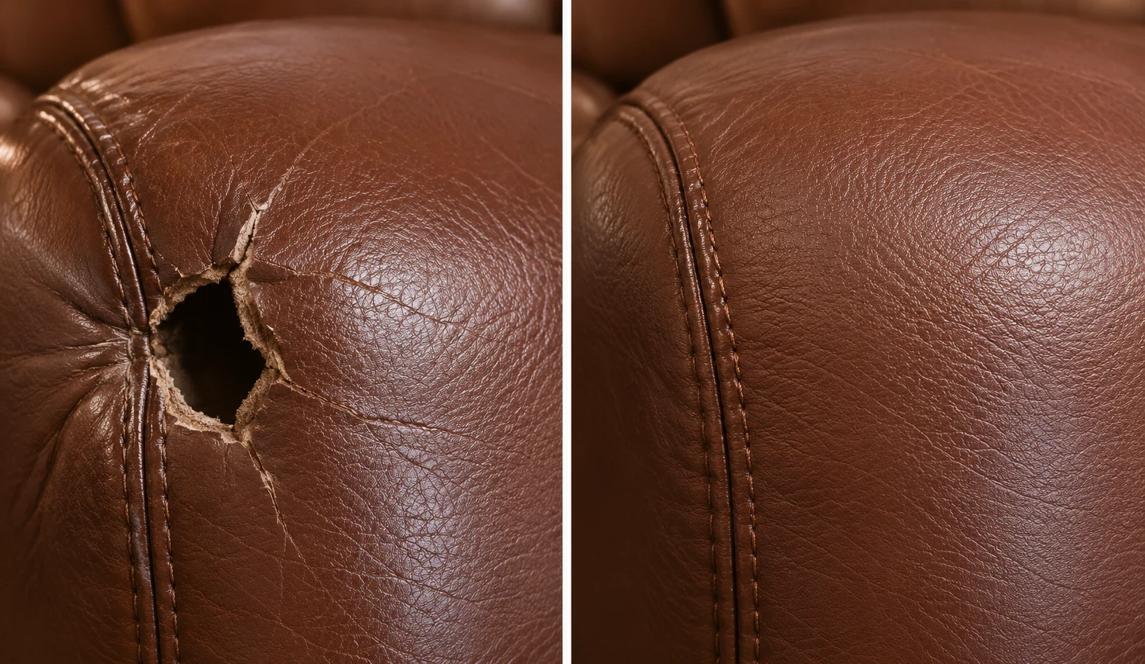 Torn hole above the welt on a brown leather cushion on the left and the filled and coloured panel on the right