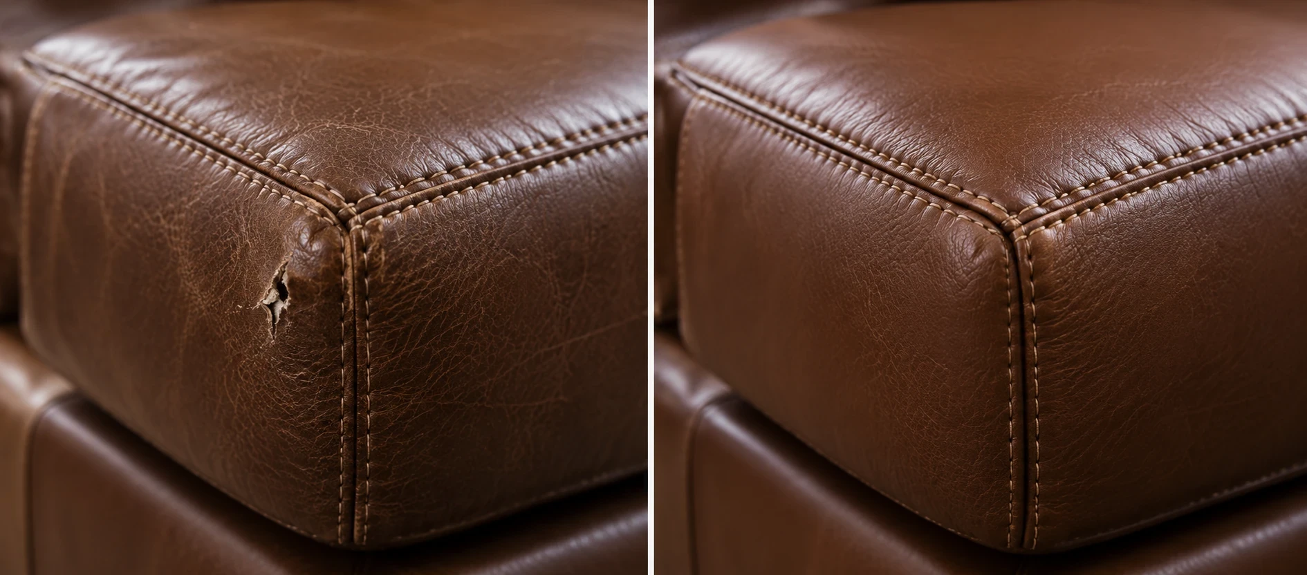 Small tear at the welt on the corner of a brown leather ottoman on the left and the repaired corner on the right