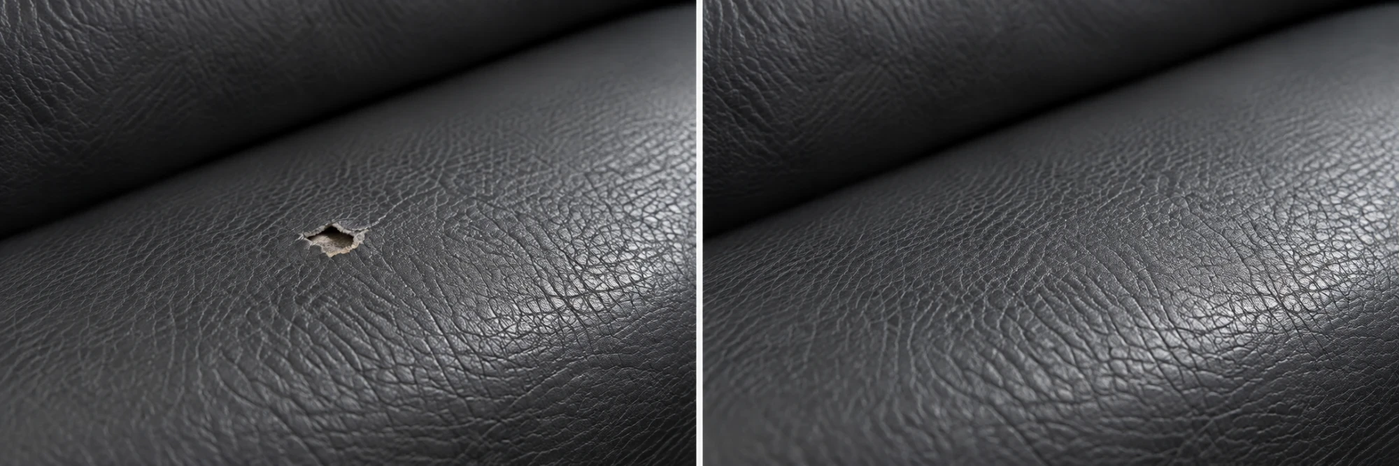 Star-shaped tear in a charcoal leather cushion on the left and the same panel closed and grained on the right