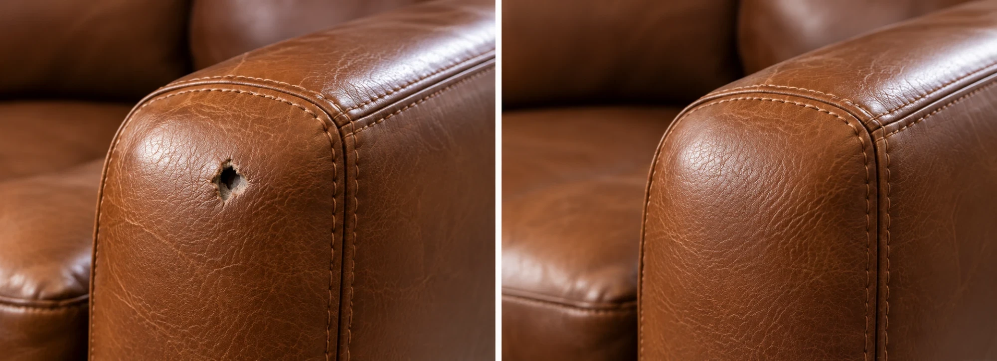 Round hole in the corner of a chestnut leather sofa arm on the left and the same arm restored on the right