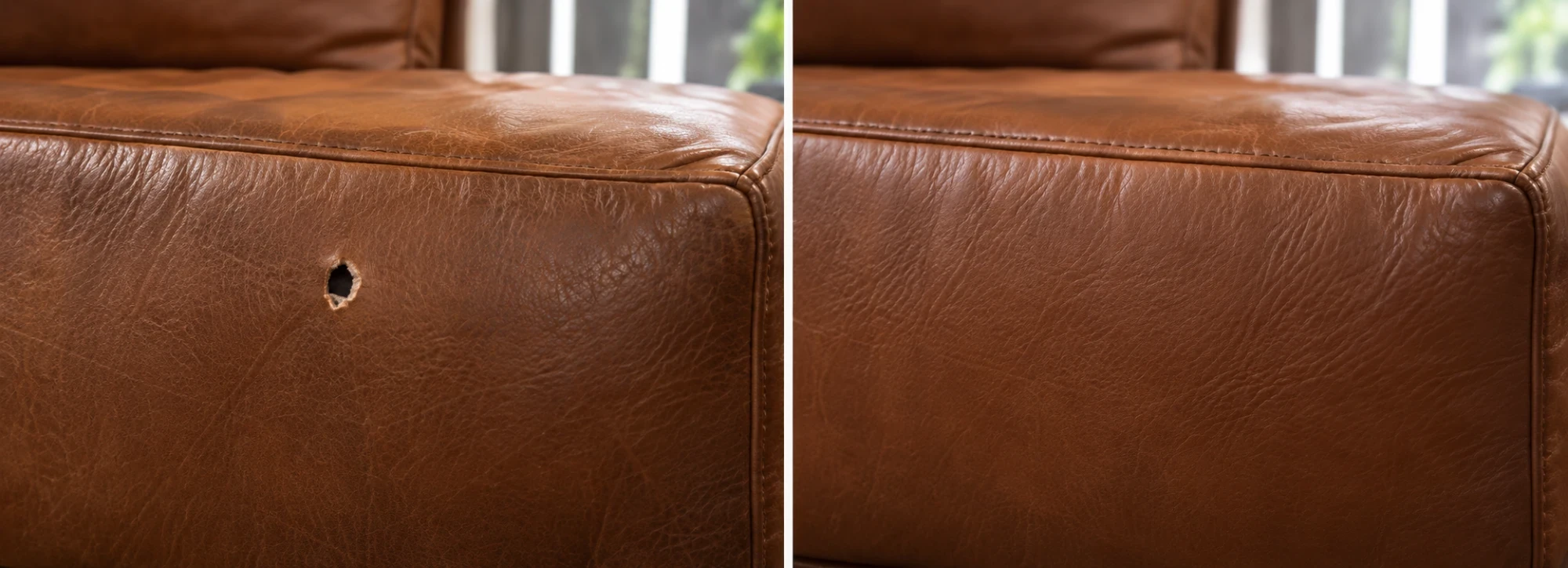 Round hole in the side panel of a chestnut leather sofa on the left and the panel colour-matched on the right