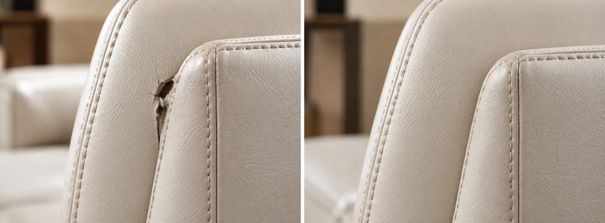 Split along the piped edge of a cream leather chair wing on the left and the repaired piping on the right