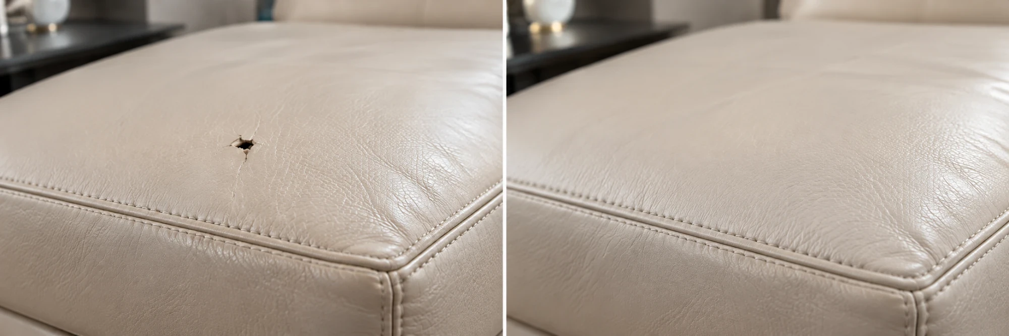 Puncture with a crack running from it on a cream leather ottoman on the left and the repaired top on the right