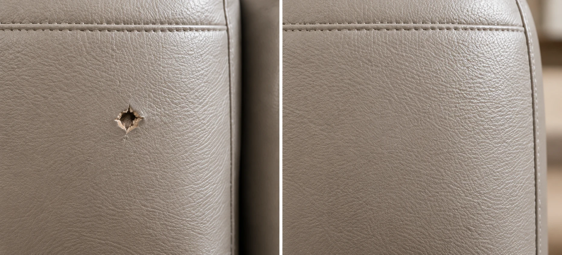 Star-shaped puncture in a greige leather cushion on the left and the same cushion closed and even on the right