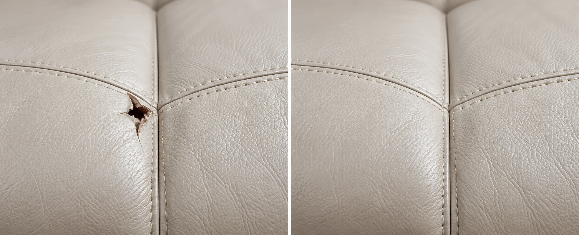 Hole where two seams meet on a pale greige leather cushion on the left and the junction repaired on the right