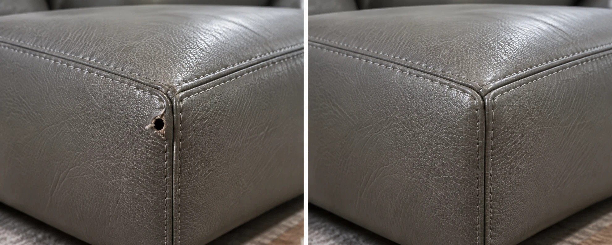 Round hole at the corner of a grey leather ottoman on the left and the corner rebuilt and even on the right