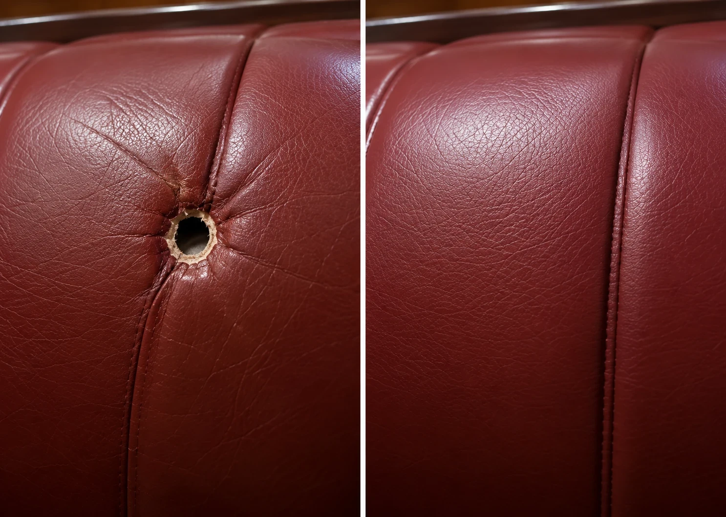 Round hole on a channel seam of an oxblood leather sofa on the left and the same channel repaired on the right
