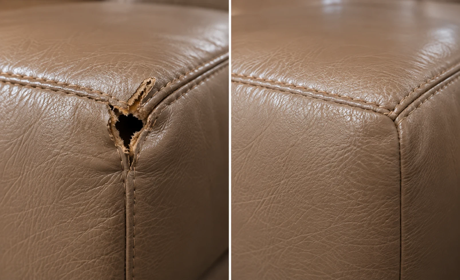 Hole opened at the corner seam of a taupe leather cushion on the left and the rebuilt corner on the right