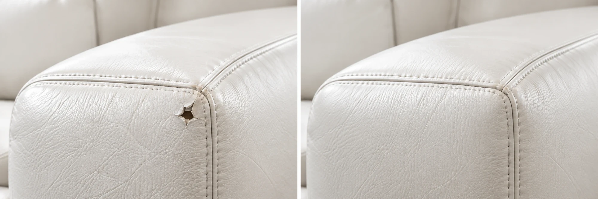 Small star puncture beside a seam on a white leather cushion on the left and the closed repair on the right