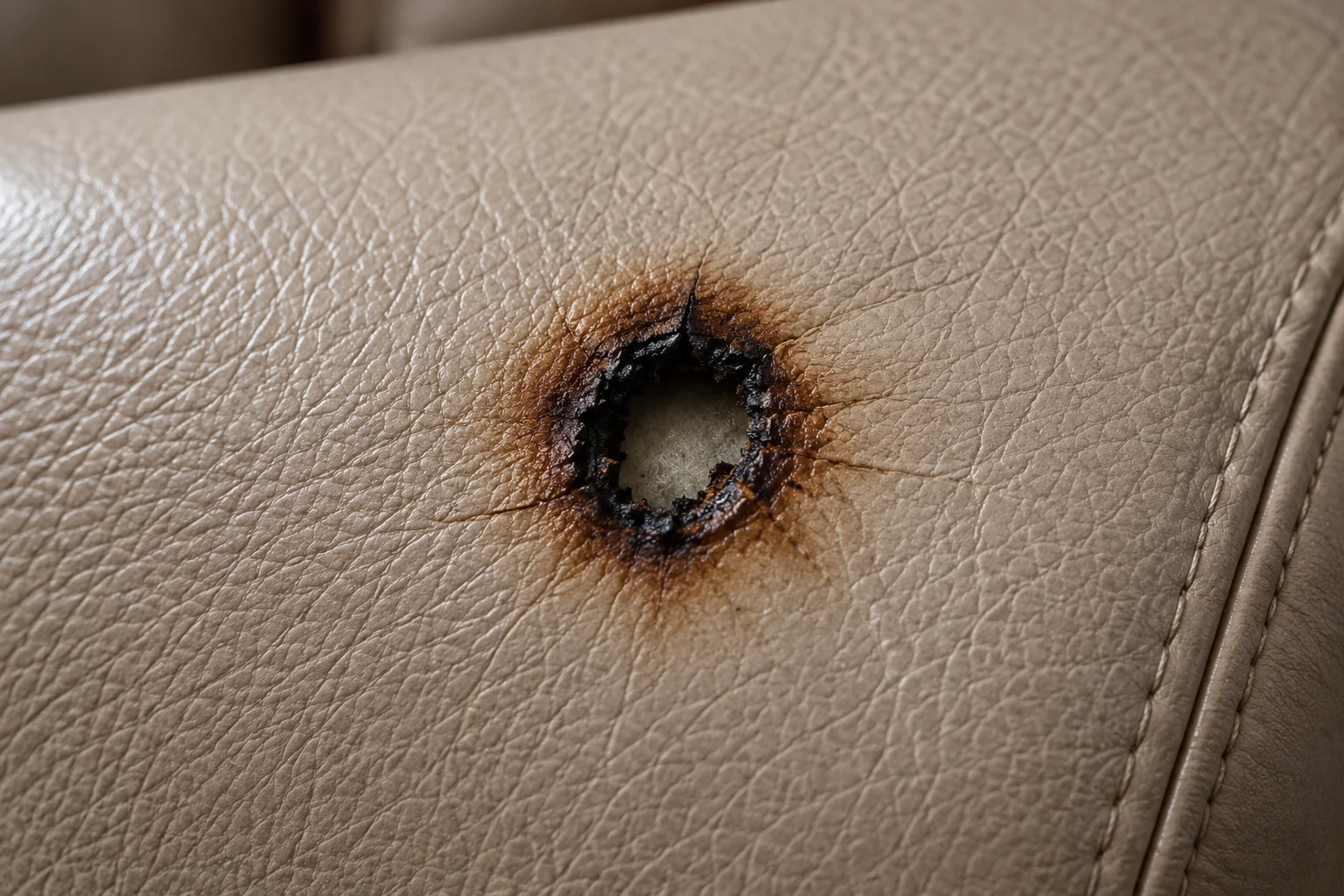 Cigarette burn through cream leather with the foam visible inside the opening