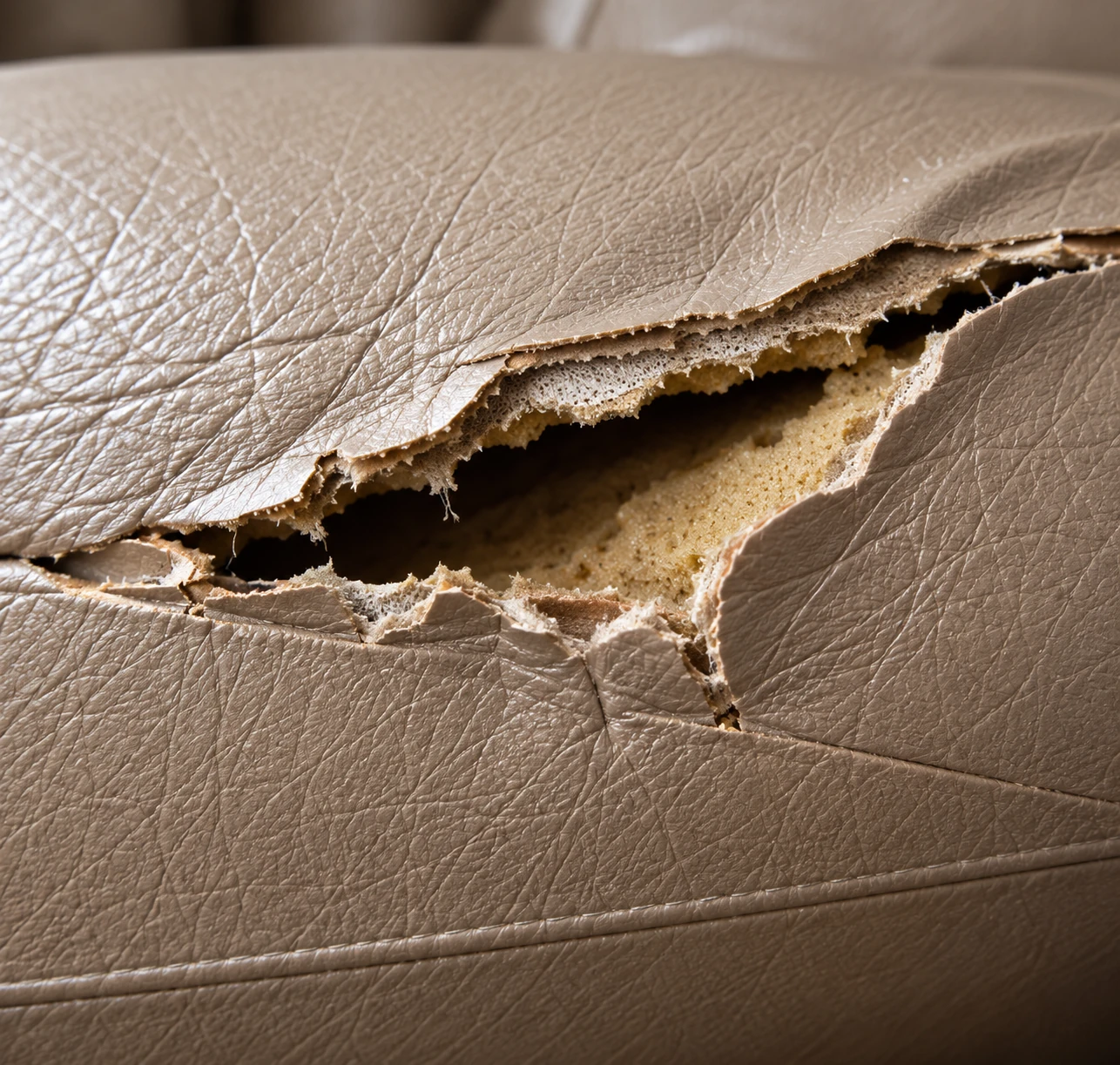 Long horizontal split across a taupe leather cushion with pale foam exposed along the opening