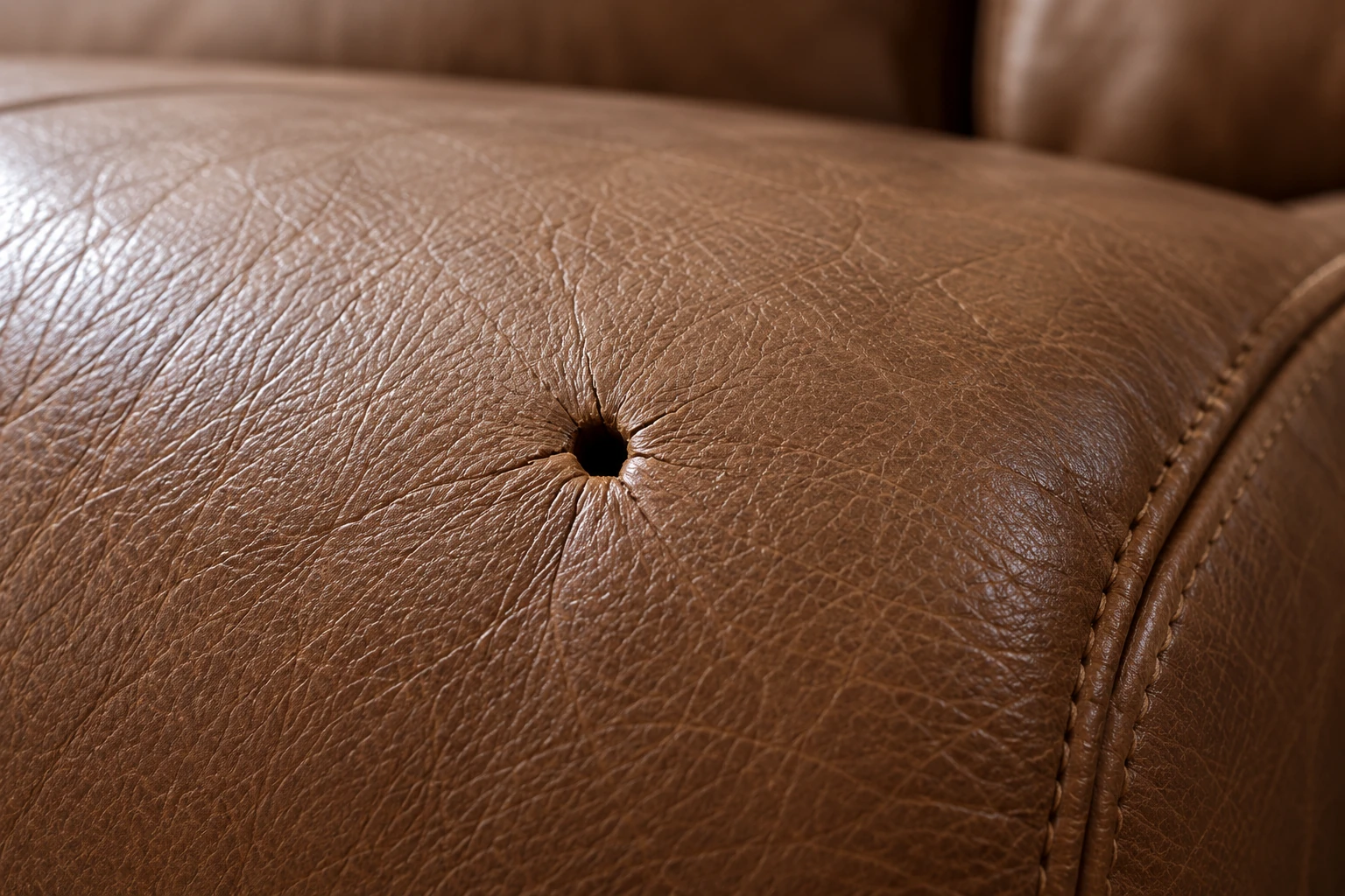 Single pinprick puncture in tan leather with fine creases drawn in toward it