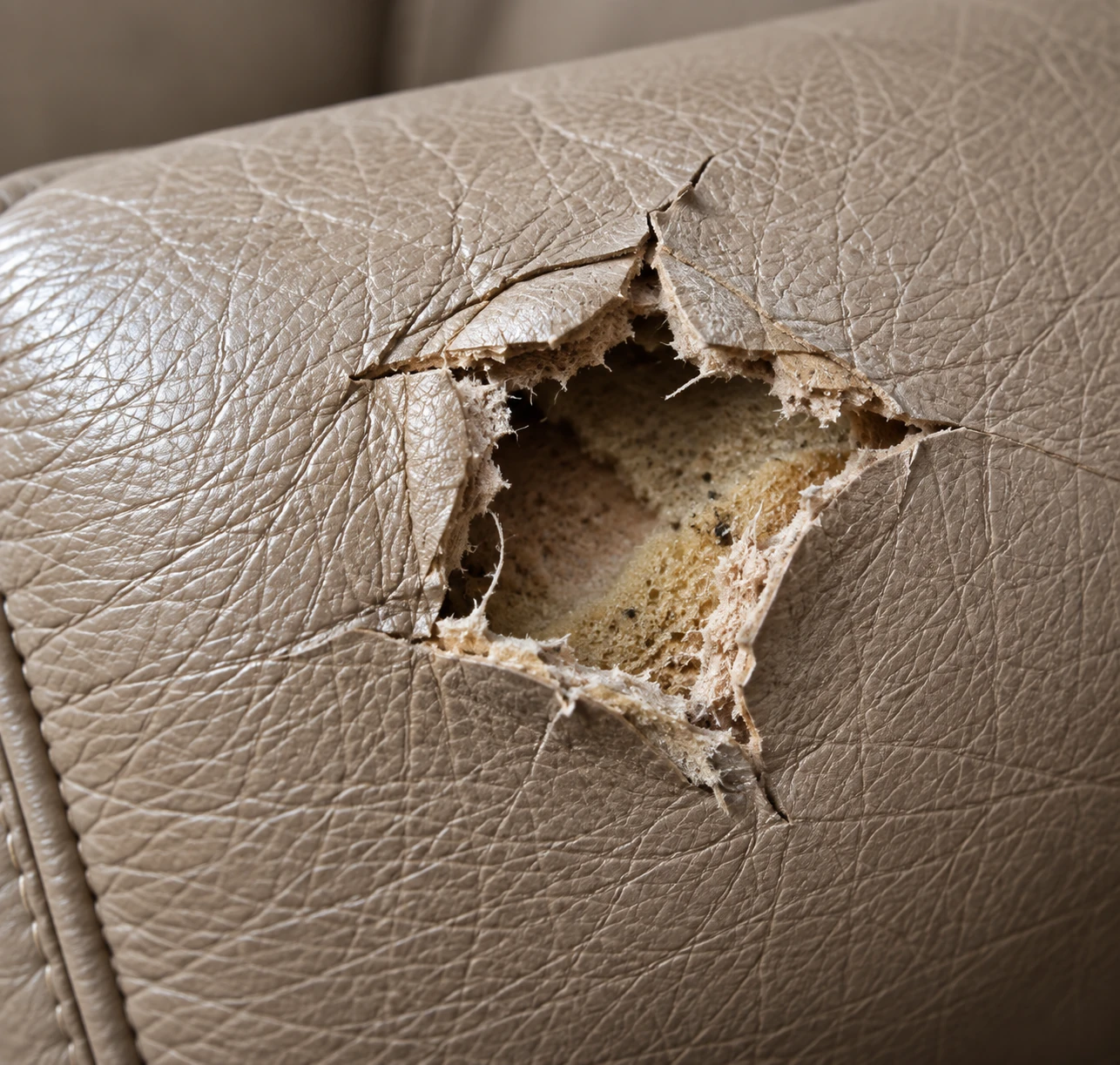 Star-shaped hole punched through taupe leather with the edges curled back off the foam