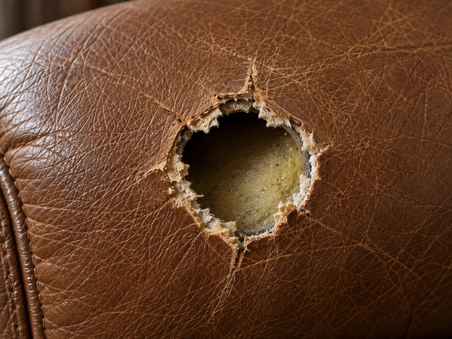Round hole in chestnut leather with dry cracks radiating out from the opening