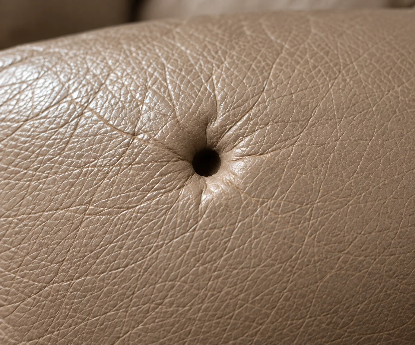 Clean round puncture in taupe leather before any repair work has started