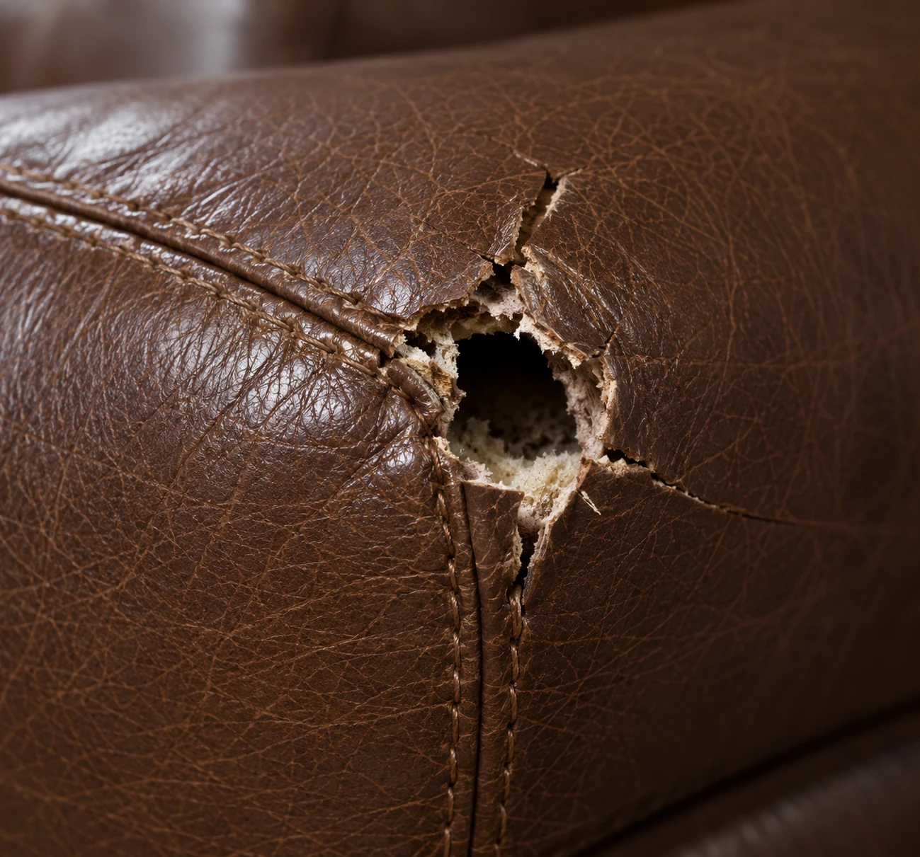 Round hole through dark brown leather beside a stitched seam on a sofa arm