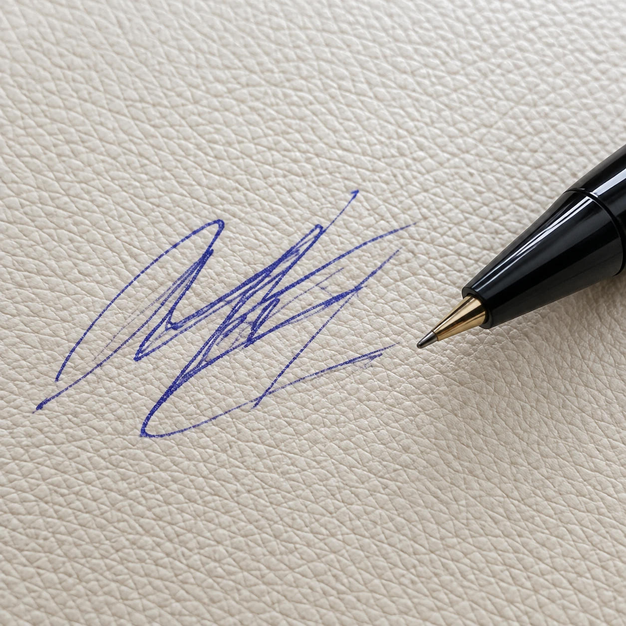 A ballpoint pen and blue ink scribble on cream leather