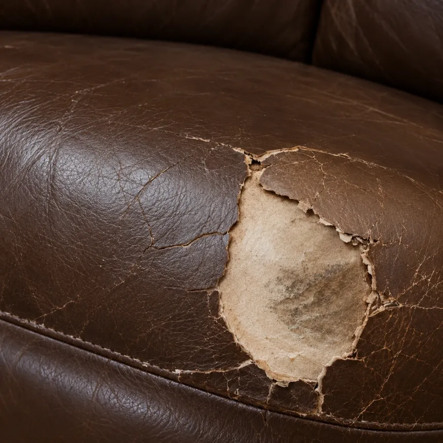 Brown leather seat with a wide pale area where the grain has broken away entirely