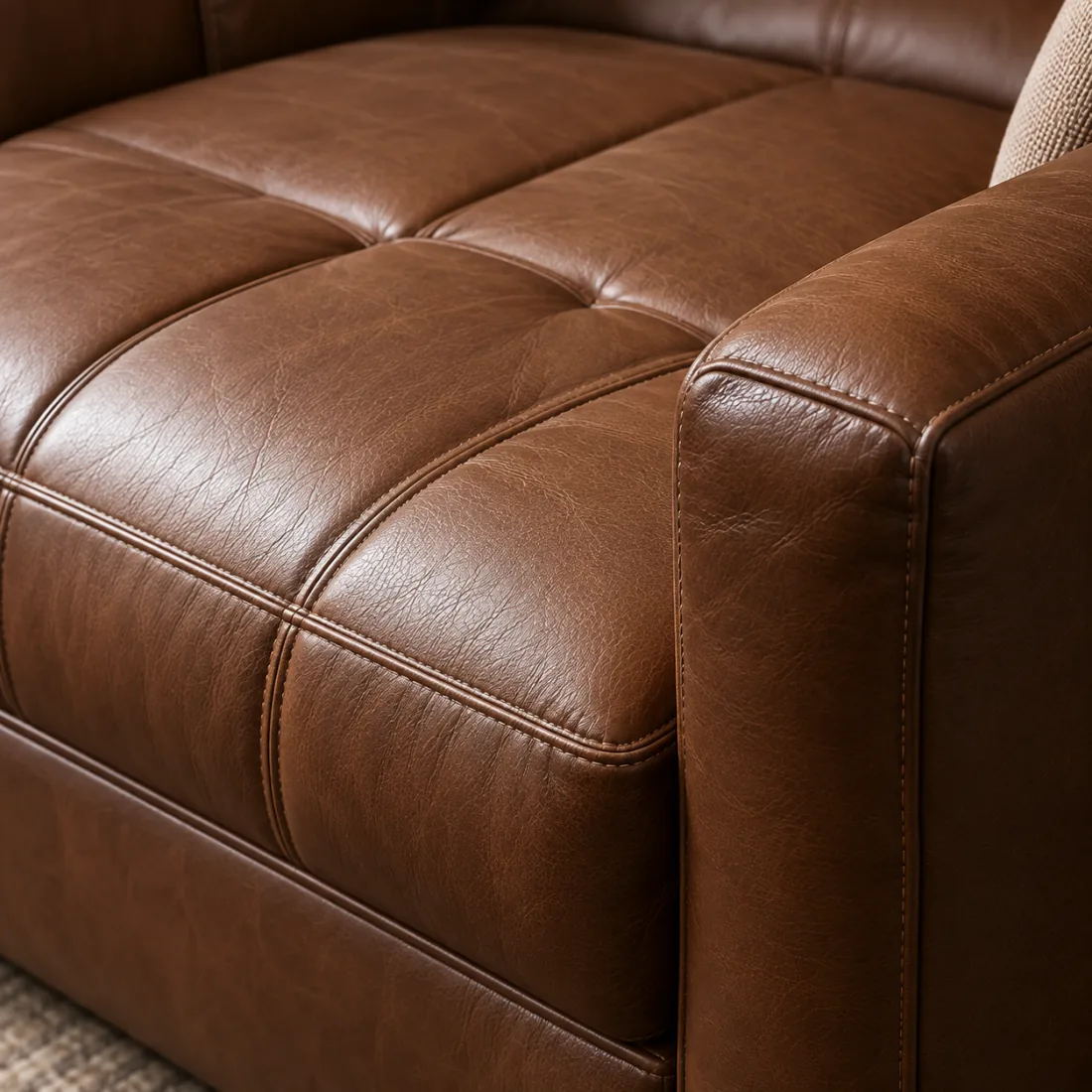 The crown of a brown leather seat cushion where it runs into the arm of the sofa