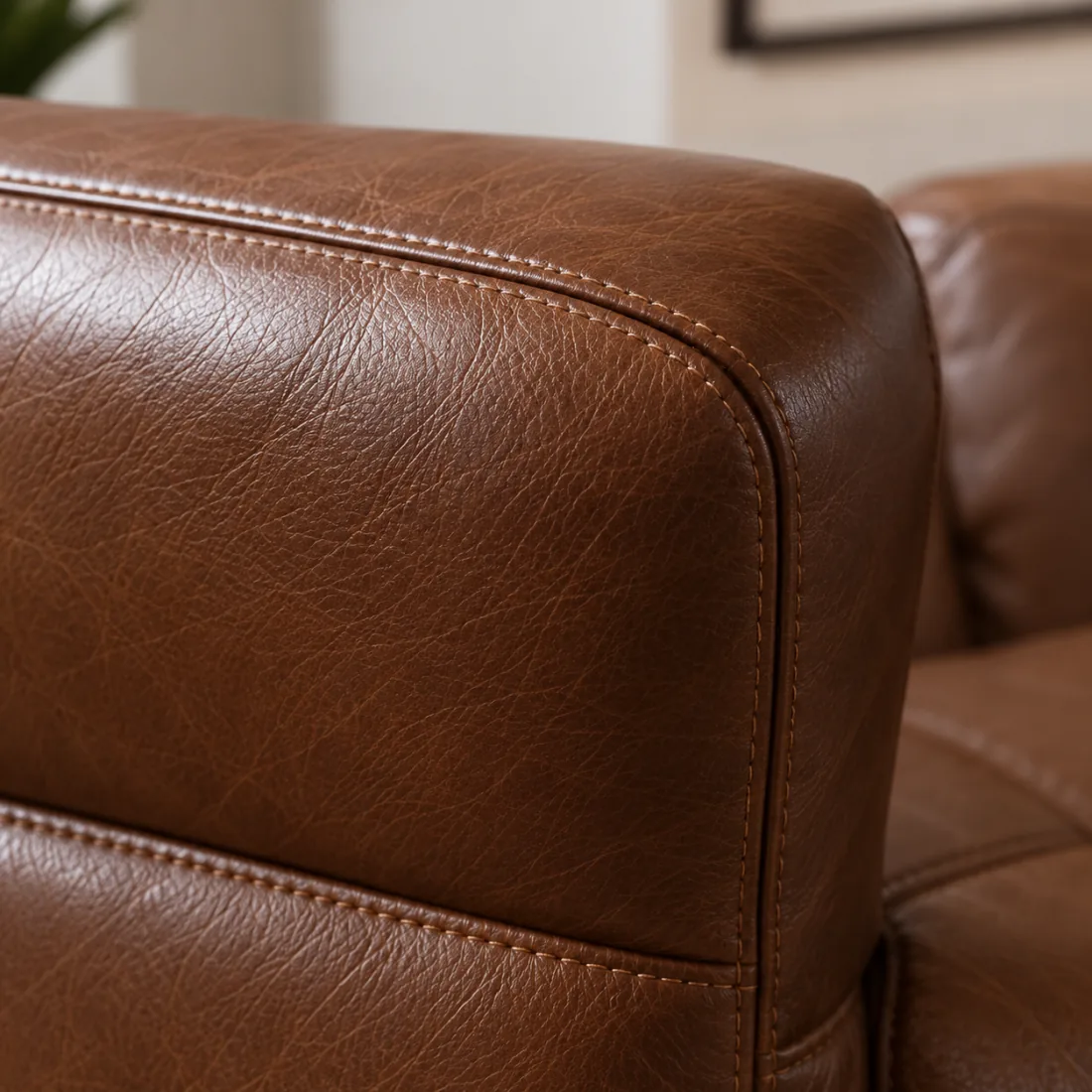 The rounded top of a brown leather sofa arm with its seam running along the roll