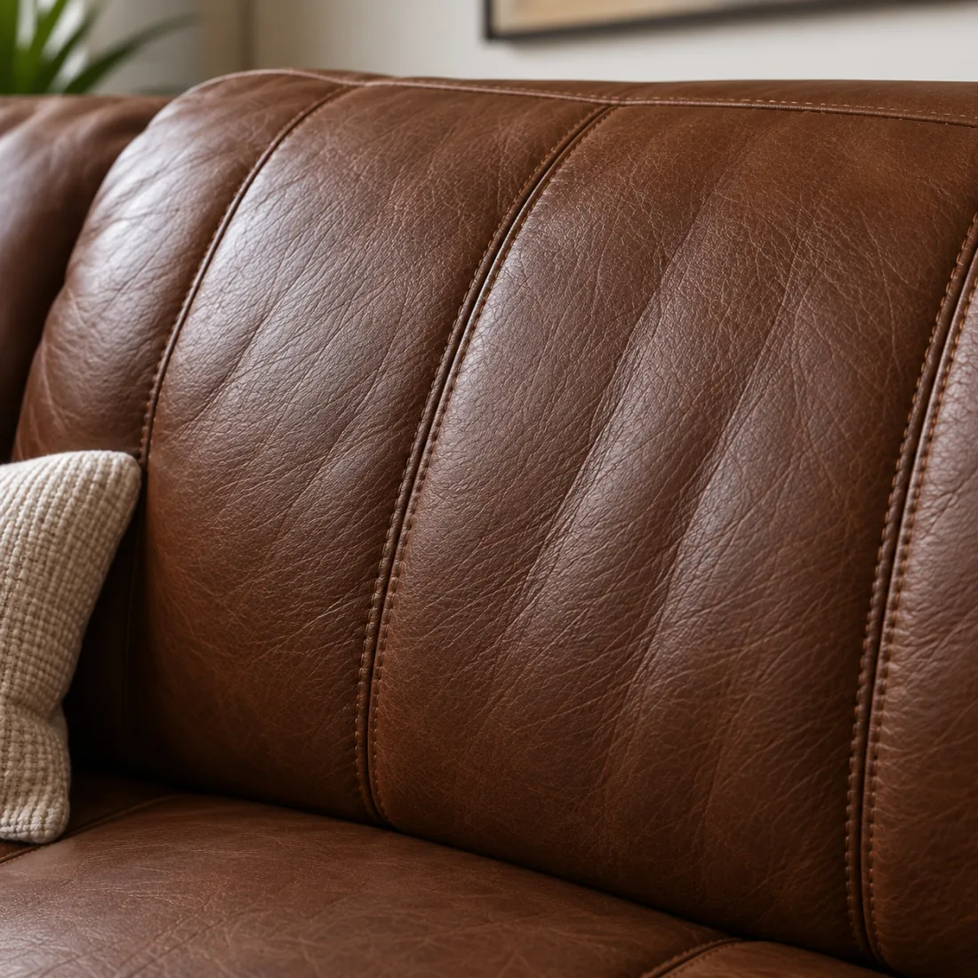 A brown leather back cushion drawn into vertical channels by its stitching