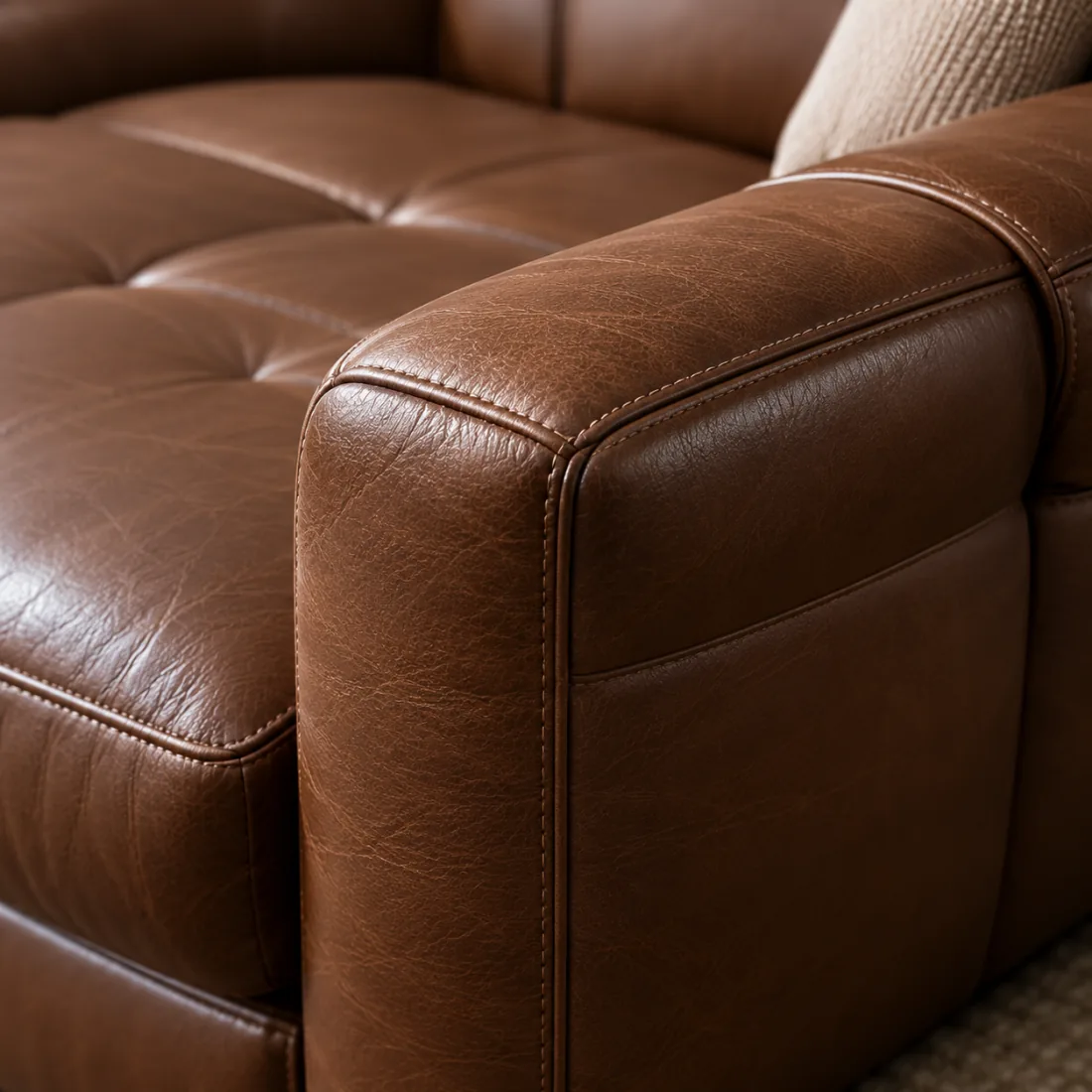 The flat outside panel of a brown leather sofa arm, stretched across the frame beneath it