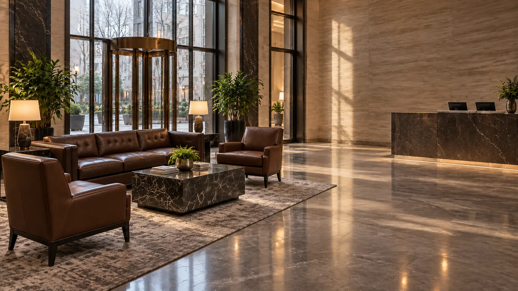 A chocolate brown leather lobby sofa even in color after a visit